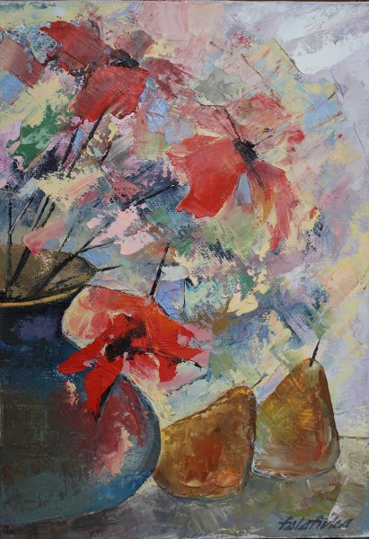 Two pears and flowers